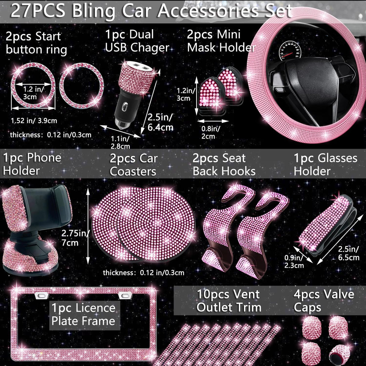 Bling Car Accessories Set - Universal Fit Steering Wheel Covers, License Plate Frames, Phone Holder, Car Fast Charger, Coasters (Pink)