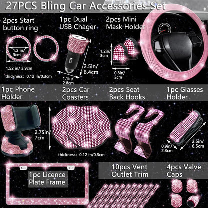 Bling Car Accessories Set - Universal Fit Steering Wheel Covers, License Plate Frames, Phone Holder, Car Fast Charger, Coasters (Pink)