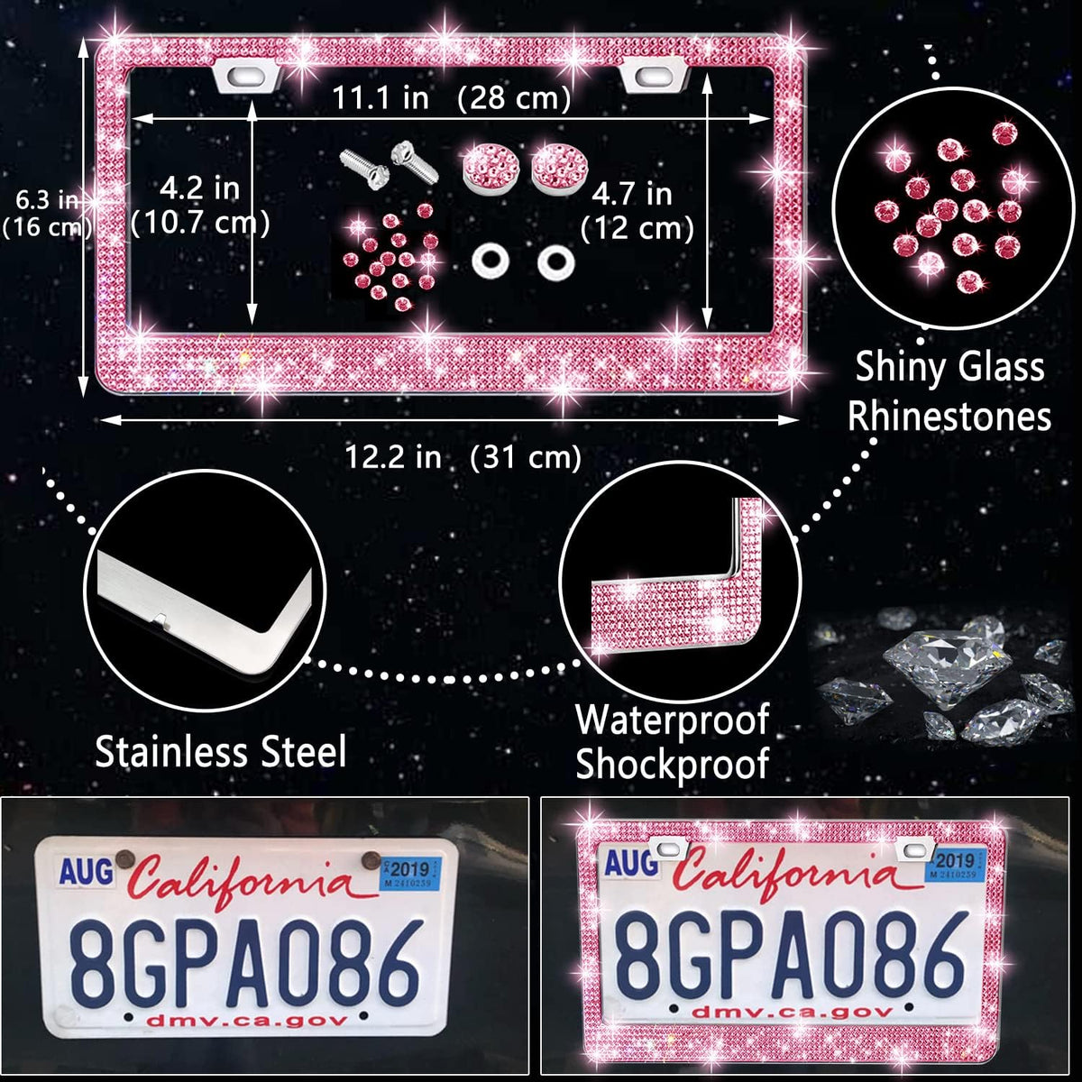 Bling Car Accessories Set - Universal Fit Steering Wheel Covers, License Plate Frames, Phone Holder, Car Fast Charger, Coasters (Pink)