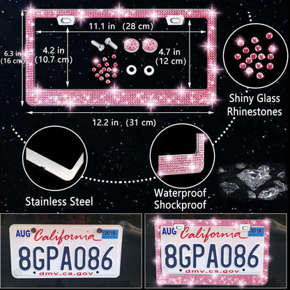 Bling Car Accessories Set - Universal Fit Steering Wheel Covers, License Plate Frames, Phone Holder, Car Fast Charger, Coasters (Pink)