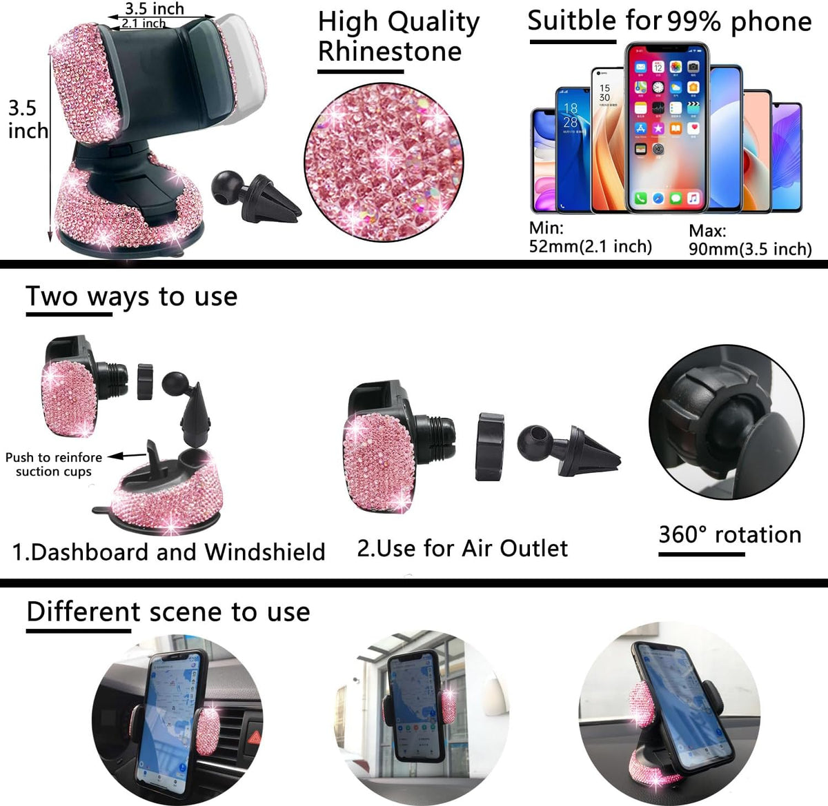 Bling Car Accessories Set - Universal Fit Steering Wheel Covers, License Plate Frames, Phone Holder, Car Fast Charger, Coasters (Pink)