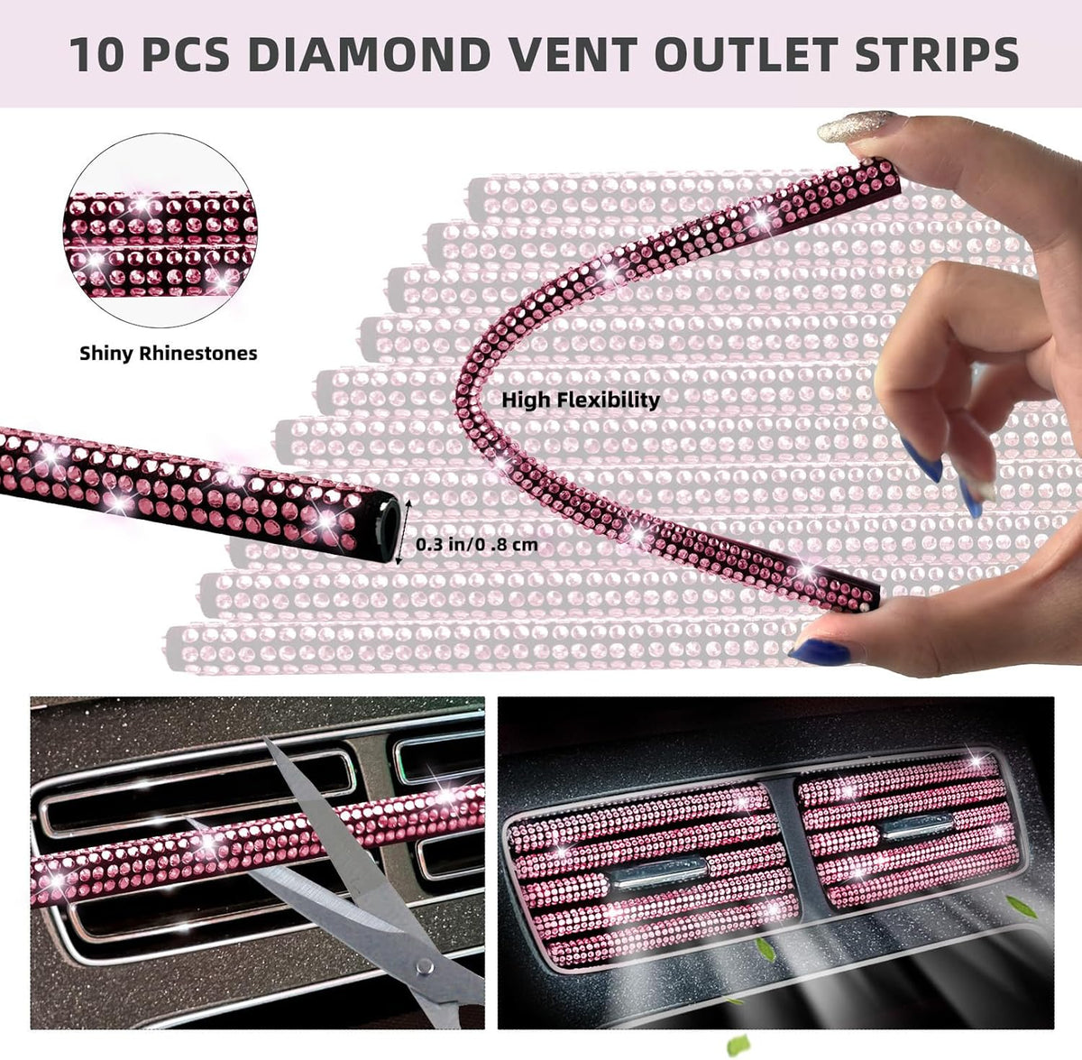 Bling Car Accessories Set - Universal Fit Steering Wheel Covers, License Plate Frames, Phone Holder, Car Fast Charger, Coasters (Pink)
