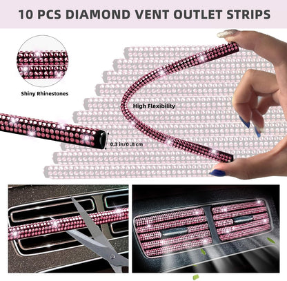 Bling Car Accessories Set - Universal Fit Steering Wheel Covers, License Plate Frames, Phone Holder, Car Fast Charger, Coasters (Pink)