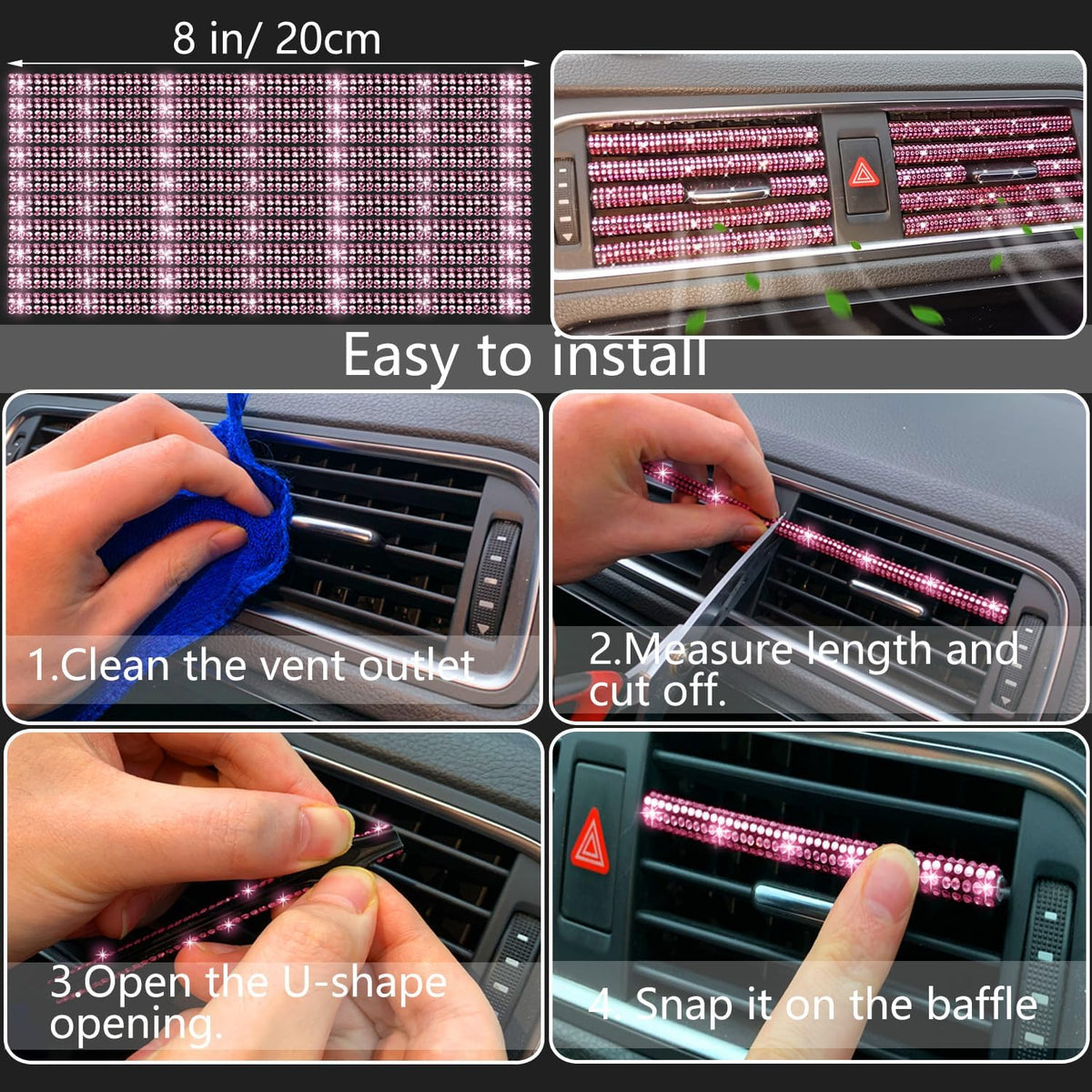 Bling Car Accessories Set - Universal Fit Steering Wheel Covers, License Plate Frames, Phone Holder, Car Fast Charger, Coasters (Pink)