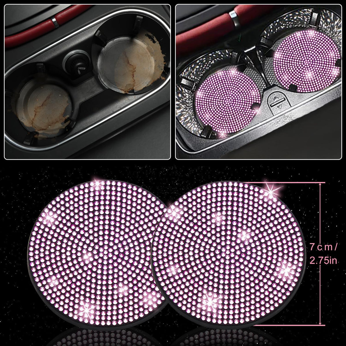 Bling Car Accessories Set - Universal Fit Steering Wheel Covers, License Plate Frames, Phone Holder, Car Fast Charger, Coasters (Pink)