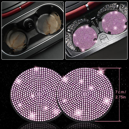 Bling Car Accessories Set - Universal Fit Steering Wheel Covers, License Plate Frames, Phone Holder, Car Fast Charger, Coasters (Pink)