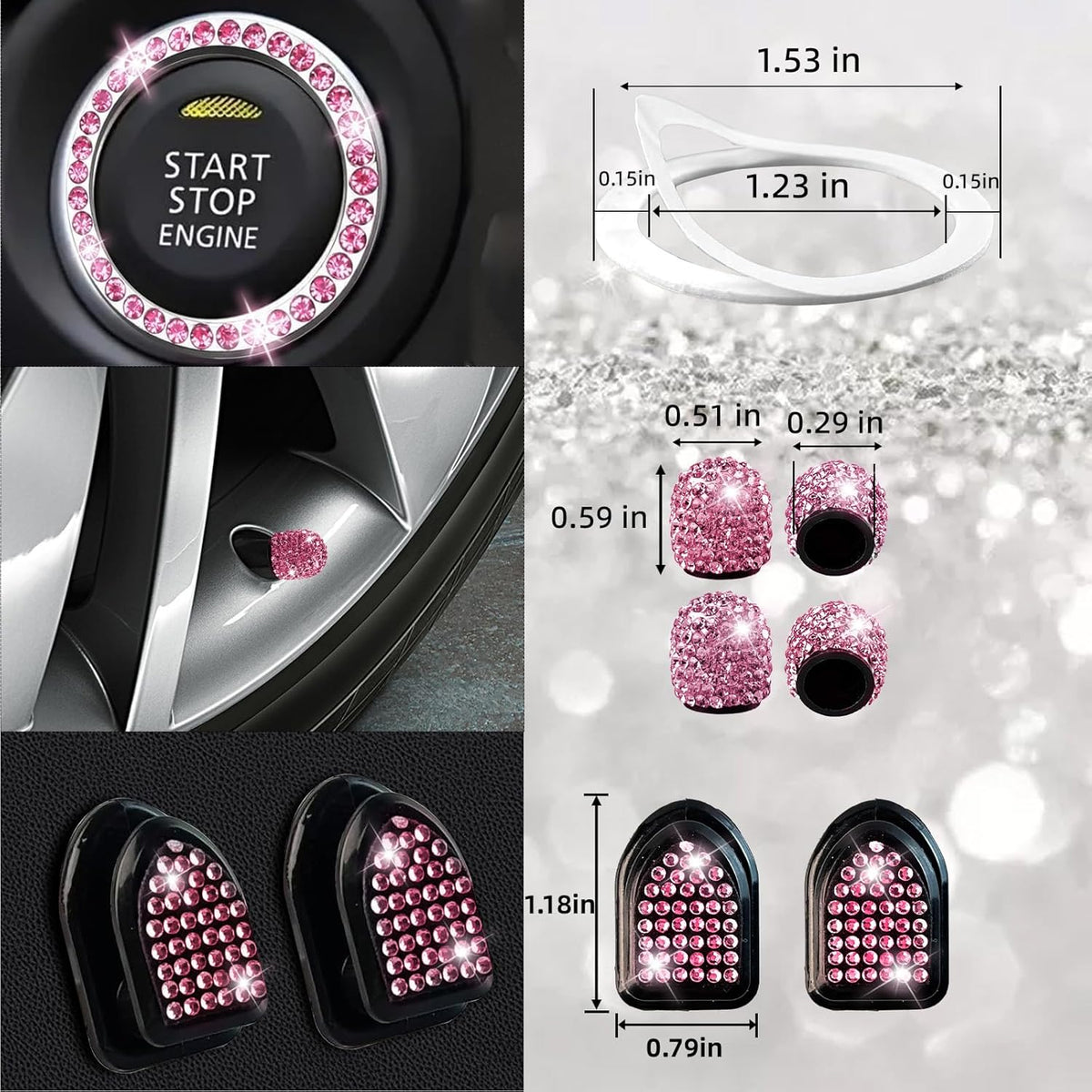 Bling Car Accessories Set - Universal Fit Steering Wheel Covers, License Plate Frames, Phone Holder, Car Fast Charger, Coasters (Pink)