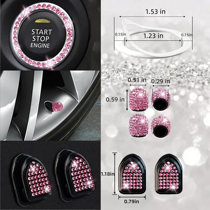Bling Car Accessories Set - Universal Fit Steering Wheel Covers, License Plate Frames, Phone Holder, Car Fast Charger, Coasters (Pink)