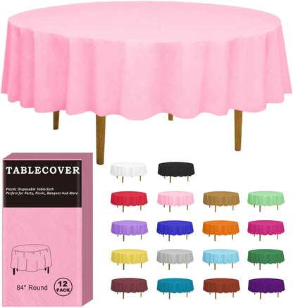 12 Pack Pink Disposable Plastic Tablecloth, 84" Round Table Cover