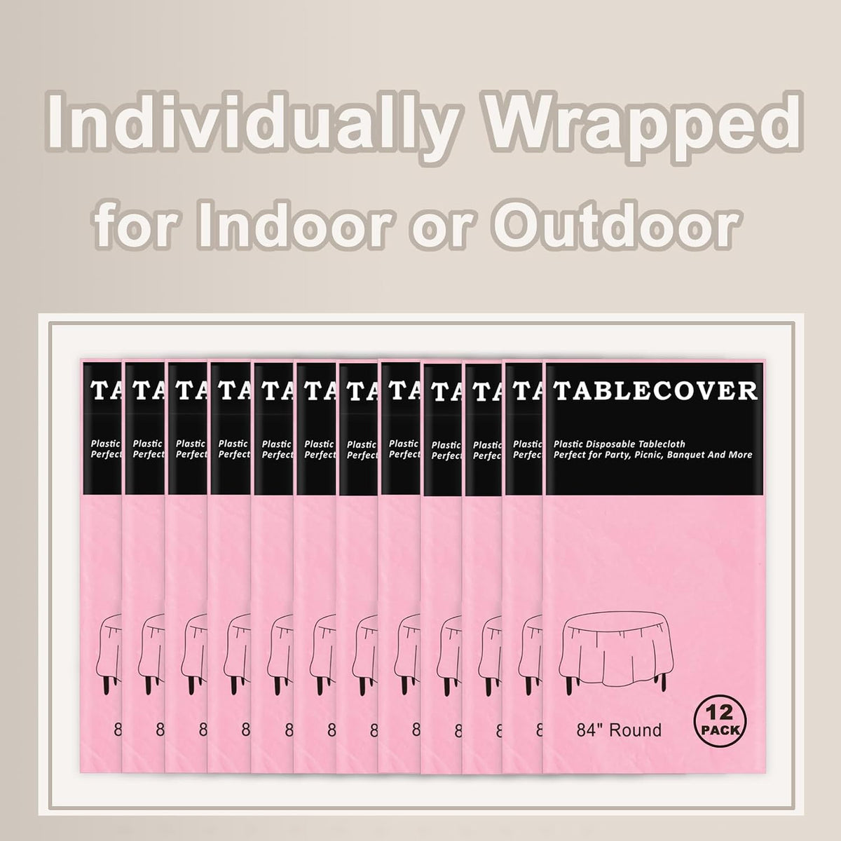 12 Pack Pink Disposable Plastic Tablecloth, 84" Round Table Cover