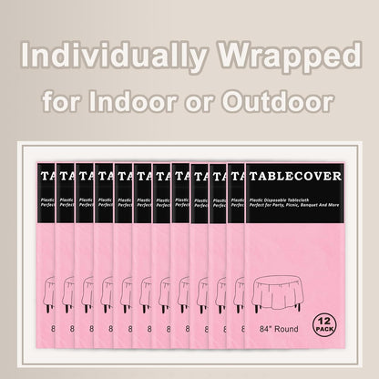 12 Pack Pink Disposable Plastic Tablecloth, 84" Round Table Cover