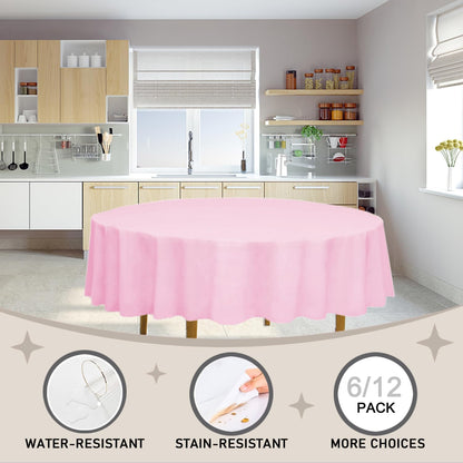 12 Pack Pink Disposable Plastic Tablecloth, 84" Round Table Cover