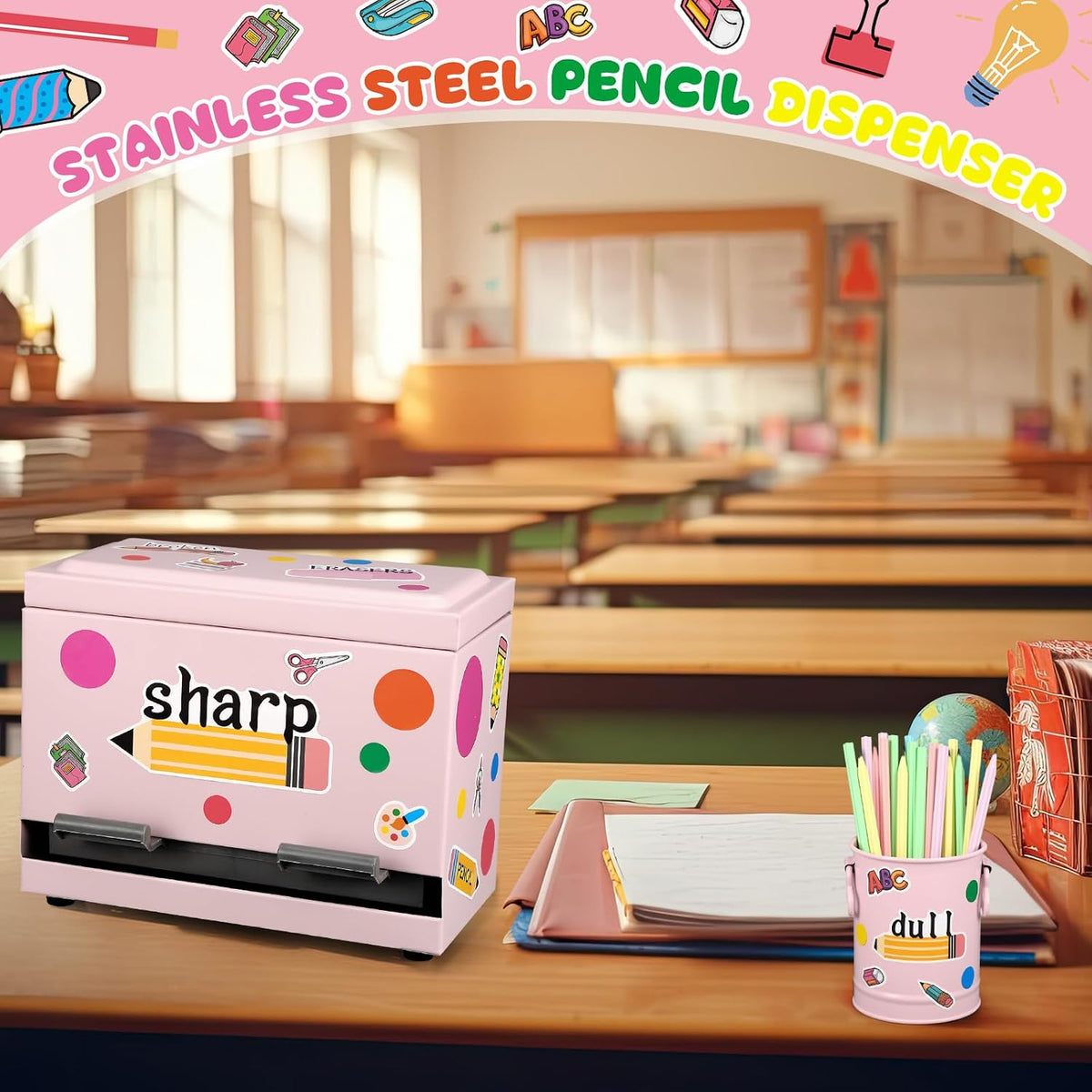 8 Pcs Pencil Dispenser for Classroom Stainless Steel, Light Pink