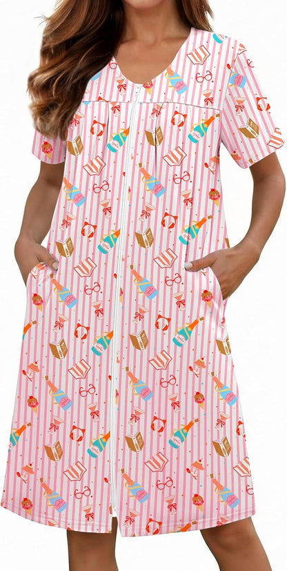 Zipper Robes for Women Short Knit Lightweight Bathrobe with Pockets