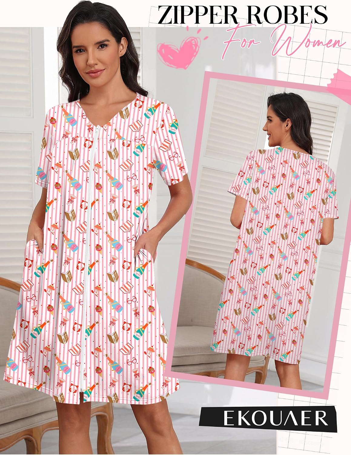 Zipper Robes for Women Short Knit Lightweight Bathrobe with Pockets