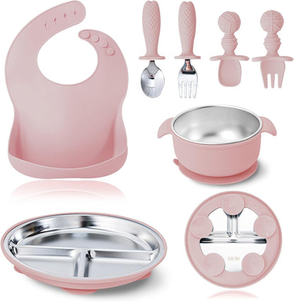 7 Pieces 304 Stainless Steel Baby & Toddler Feeding Set - Suction Divided Plates, Bowls, Silicone & Stainless Spoon Fork,Pocket Bib Unbreakable, Dishwasher Safe Kids Dinnerware Essentials (Pink)