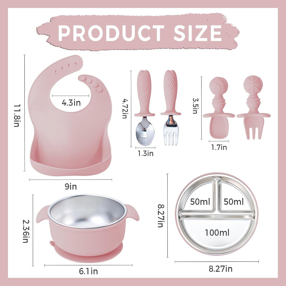 7 Pieces 304 Stainless Steel Baby & Toddler Feeding Set - Suction Divided Plates, Bowls, Silicone & Stainless Spoon Fork,Pocket Bib Unbreakable, Dishwasher Safe Kids Dinnerware Essentials (Pink)