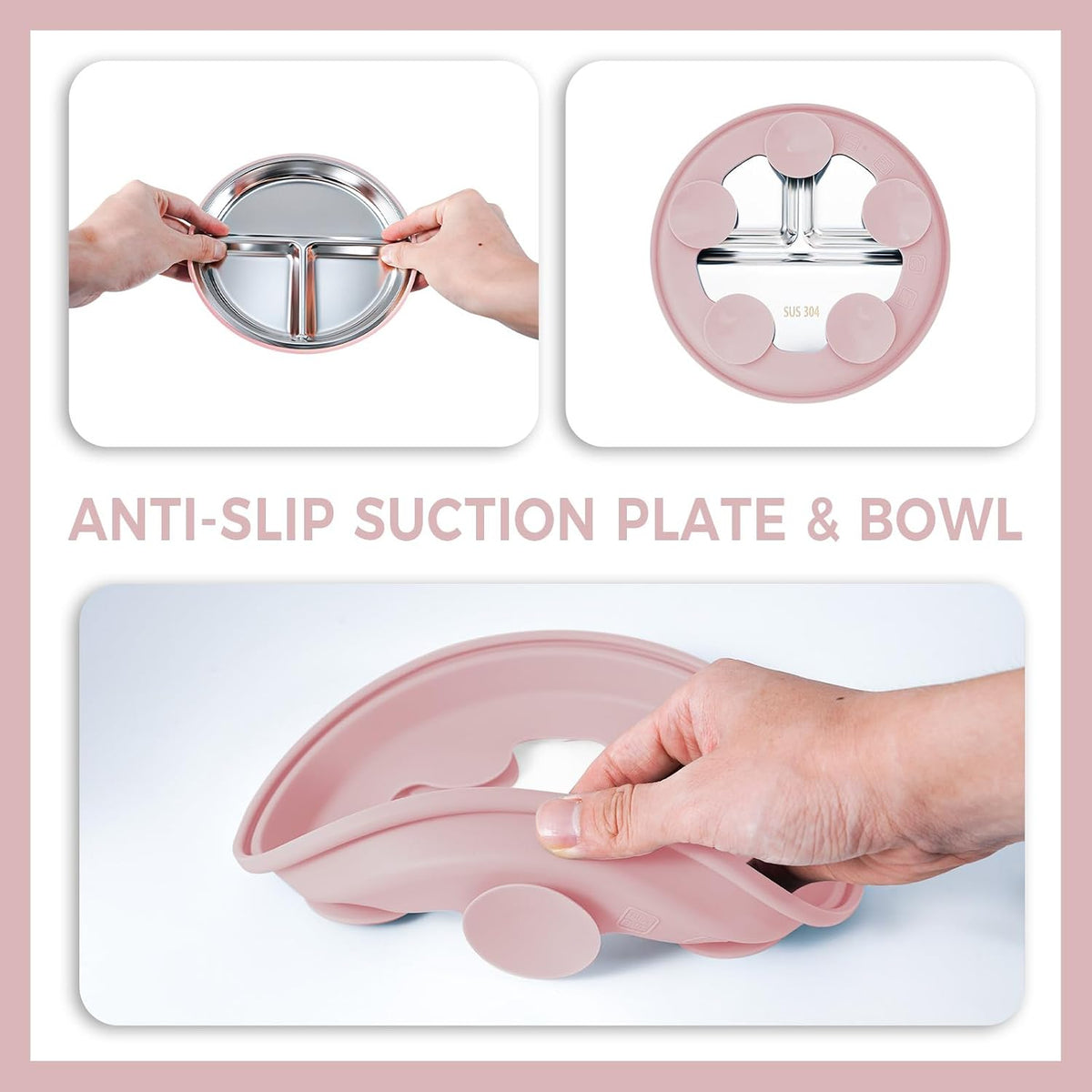 7 Pieces 304 Stainless Steel Baby & Toddler Feeding Set - Suction Divided Plates, Bowls, Silicone & Stainless Spoon Fork,Pocket Bib Unbreakable, Dishwasher Safe Kids Dinnerware Essentials (Pink)