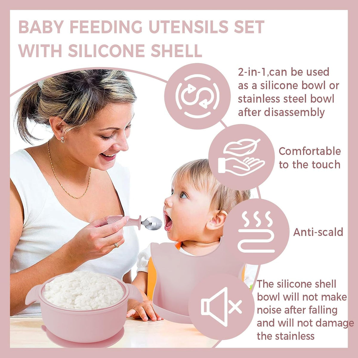 7 Pieces 304 Stainless Steel Baby & Toddler Feeding Set - Suction Divided Plates, Bowls, Silicone & Stainless Spoon Fork,Pocket Bib Unbreakable, Dishwasher Safe Kids Dinnerware Essentials (Pink)