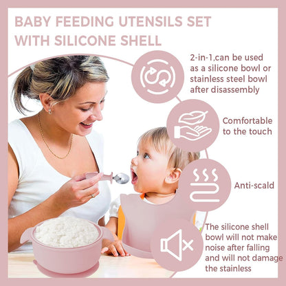 7 Pieces 304 Stainless Steel Baby & Toddler Feeding Set - Suction Divided Plates, Bowls, Silicone & Stainless Spoon Fork,Pocket Bib Unbreakable, Dishwasher Safe Kids Dinnerware Essentials (Pink)