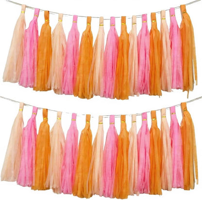 Pink Orange Peach Tissue Paper Tassels Party Tassel Garland Banner for Birthday Baby Bridal Shower Party Decoration, DIY Kits,15PCS