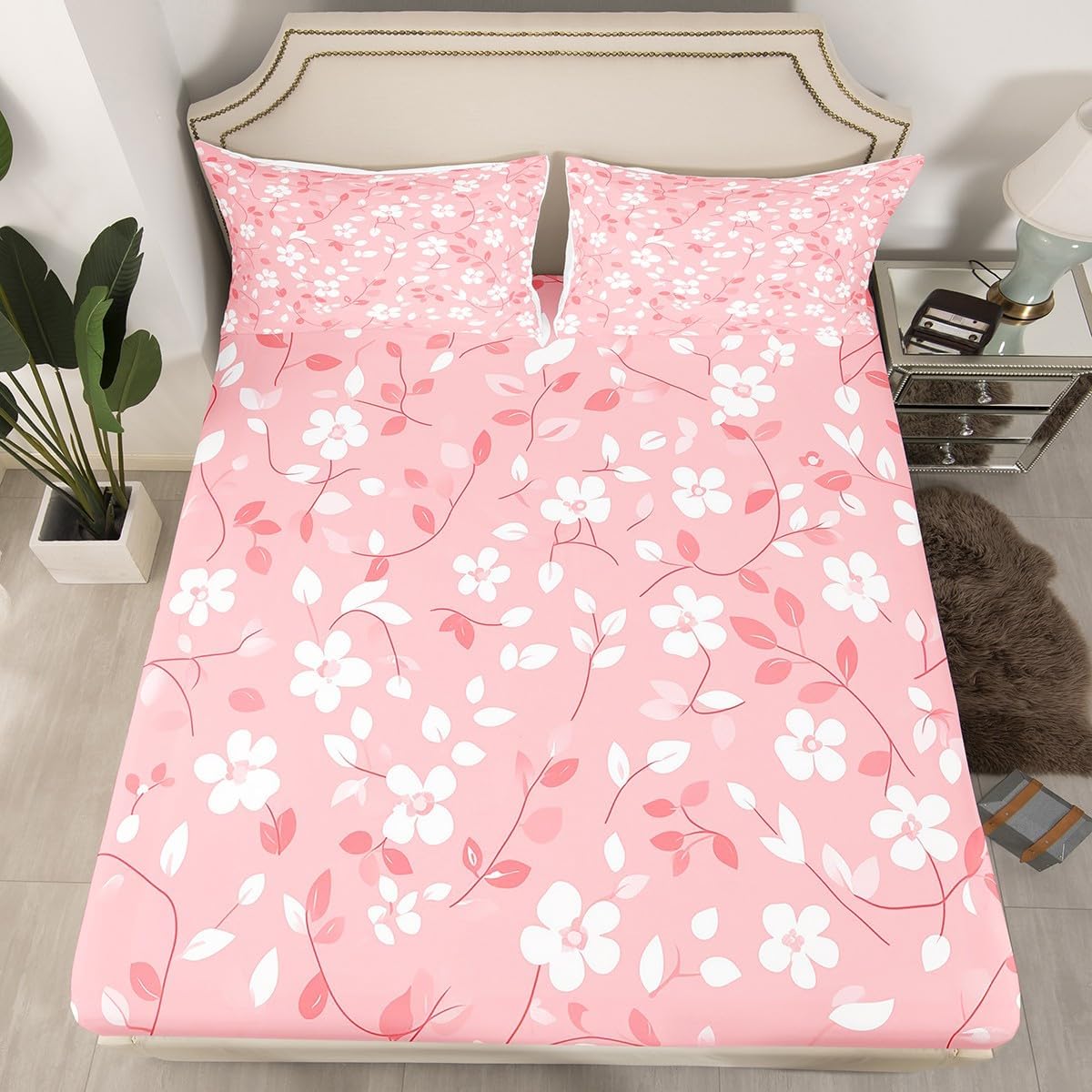 Peach Blossom Fitted Sheet Queen Size,Pink White Floral Bedding Sets 3Pcs,Romantic Exotic Bed Sheet for Kids Girls Woman Adult Room Decor,Soft Sweet Modern Deep Pocket Sheet,2 Pillowcases