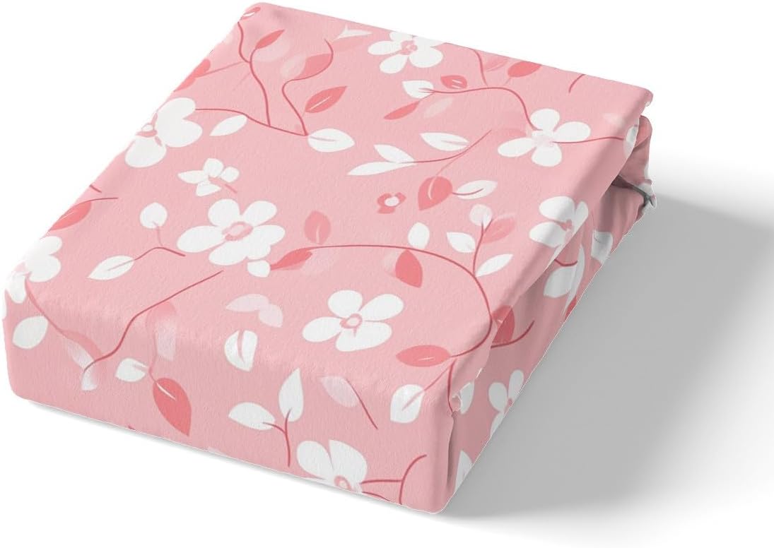 Peach Blossom Fitted Sheet Queen Size,Pink White Floral Bedding Sets 3Pcs,Romantic Exotic Bed Sheet for Kids Girls Woman Adult Room Decor,Soft Sweet Modern Deep Pocket Sheet,2 Pillowcases
