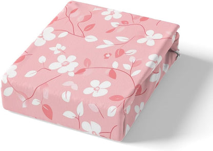 Peach Blossom Fitted Sheet Queen Size,Pink White Floral Bedding Sets 3Pcs,Romantic Exotic Bed Sheet for Kids Girls Woman Adult Room Decor,Soft Sweet Modern Deep Pocket Sheet,2 Pillowcases