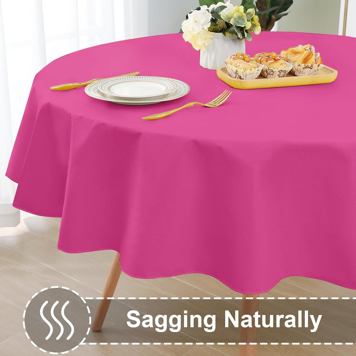 Round Rose Pink Vinyl Waterproof Tablecloth with Flannel Backed