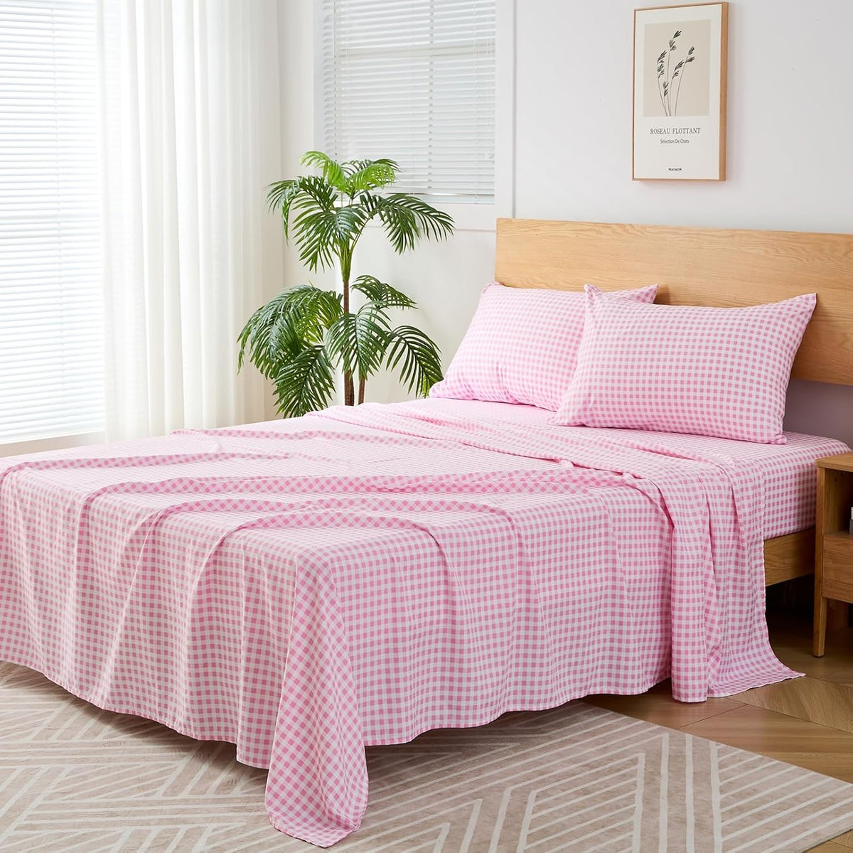Pink Gingham Twin Sheet Set, 3-Piece Soft Brushed Microfiber Bed Sheets - 16" Deep Pocket Fitted Sheet, Wrinkle & Fade Resistant, Hotel Luxury Bedding