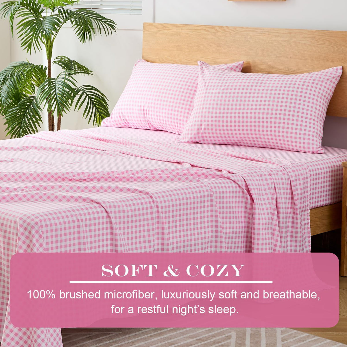 Pink Gingham Twin Sheet Set, 3-Piece Soft Brushed Microfiber Bed Sheets - 16" Deep Pocket Fitted Sheet, Wrinkle & Fade Resistant, Hotel Luxury Bedding