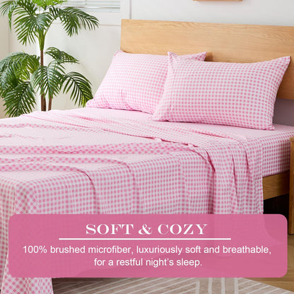 Pink Gingham Twin Sheet Set, 3-Piece Soft Brushed Microfiber Bed Sheets - 16" Deep Pocket Fitted Sheet, Wrinkle & Fade Resistant, Hotel Luxury Bedding