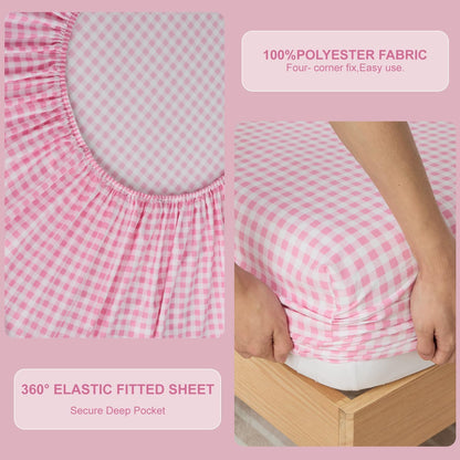 Pink Gingham Twin Sheet Set, 3-Piece Soft Brushed Microfiber Bed Sheets - 16" Deep Pocket Fitted Sheet, Wrinkle & Fade Resistant, Hotel Luxury Bedding