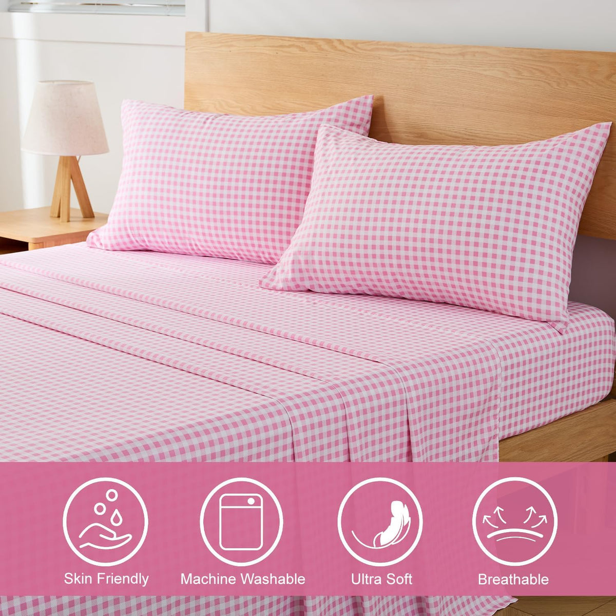 Pink Gingham Twin Sheet Set, 3-Piece Soft Brushed Microfiber Bed Sheets - 16" Deep Pocket Fitted Sheet, Wrinkle & Fade Resistant, Hotel Luxury Bedding