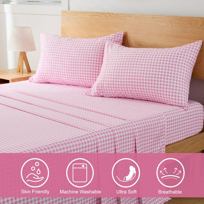 Pink Gingham Twin Sheet Set, 3-Piece Soft Brushed Microfiber Bed Sheets - 16" Deep Pocket Fitted Sheet, Wrinkle & Fade Resistant, Hotel Luxury Bedding
