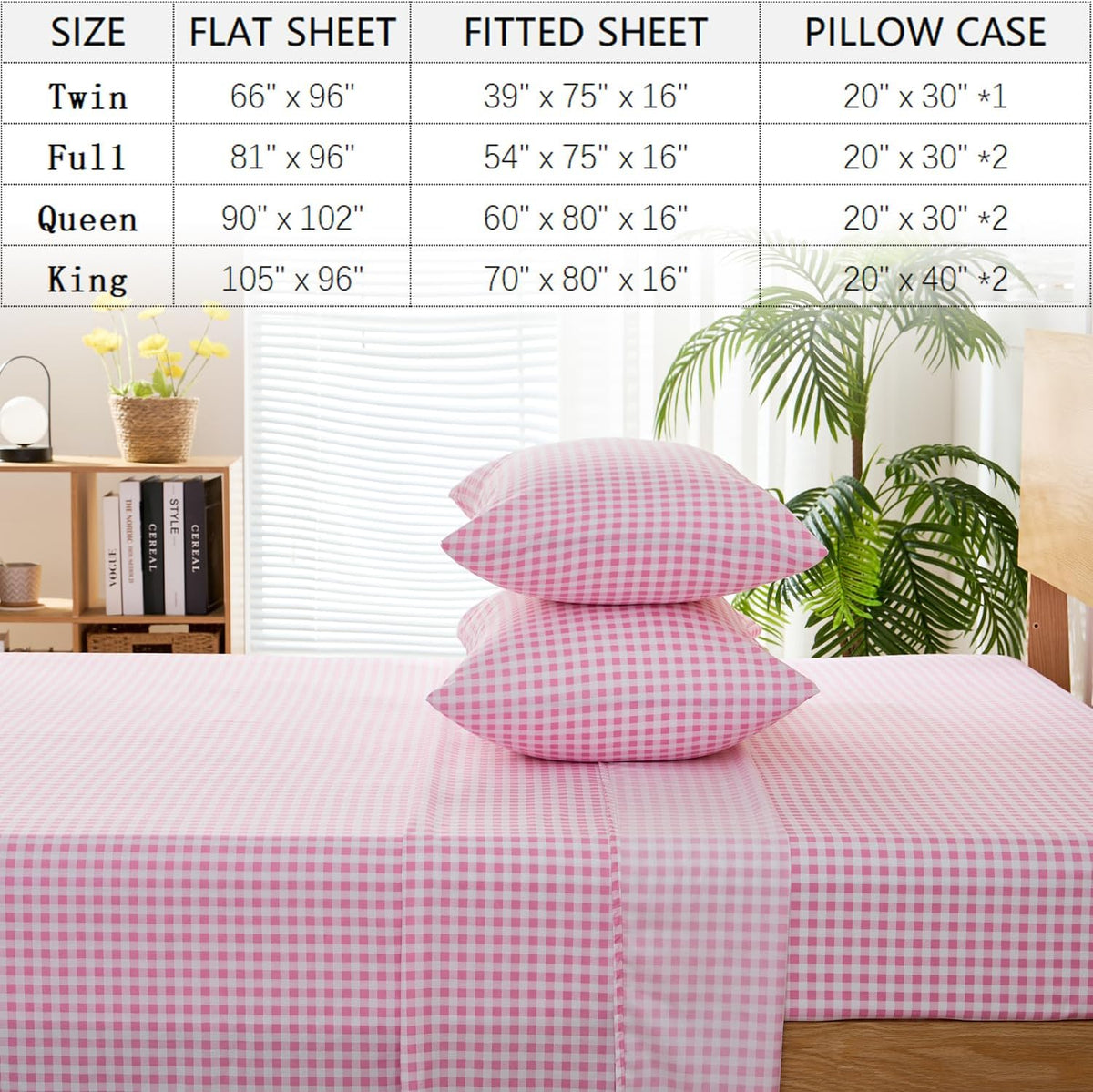 Pink Gingham Twin Sheet Set, 3-Piece Soft Brushed Microfiber Bed Sheets - 16" Deep Pocket Fitted Sheet, Wrinkle & Fade Resistant, Hotel Luxury Bedding