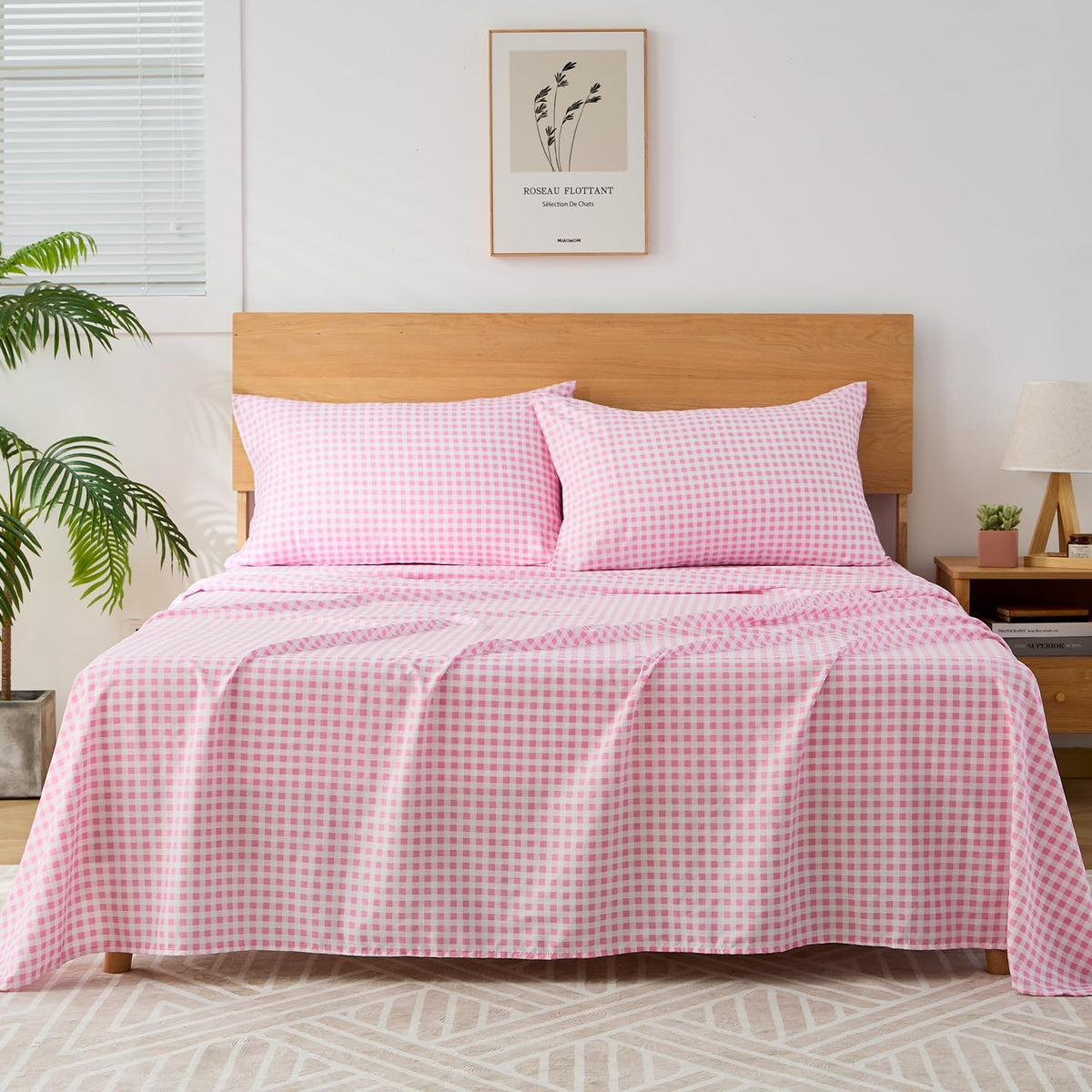 Pink Gingham Twin Sheet Set, 3-Piece Soft Brushed Microfiber Bed Sheets - 16" Deep Pocket Fitted Sheet, Wrinkle & Fade Resistant, Hotel Luxury Bedding