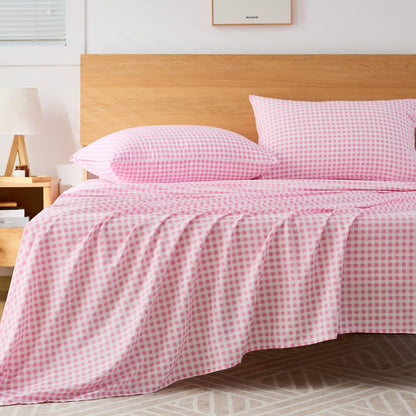 Pink Gingham Twin Sheet Set, 3-Piece Soft Brushed Microfiber Bed Sheets - 16" Deep Pocket Fitted Sheet, Wrinkle & Fade Resistant, Hotel Luxury Bedding