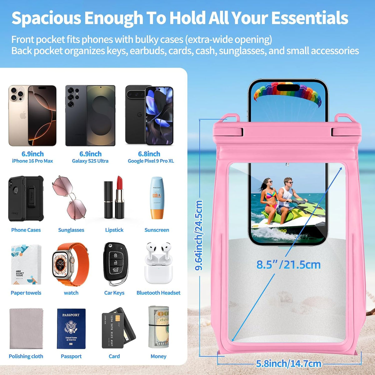 Large Waterproof Phone Pouch Floating, Waterproof Phone Case for iPhone 15 14 Pro Max 13 12 Plus 11 XS XR X Samsung up to 8.5'', IPX8 Water Proof Cell Phone Dry Bag for Beach Swimming Kayaking, Pink