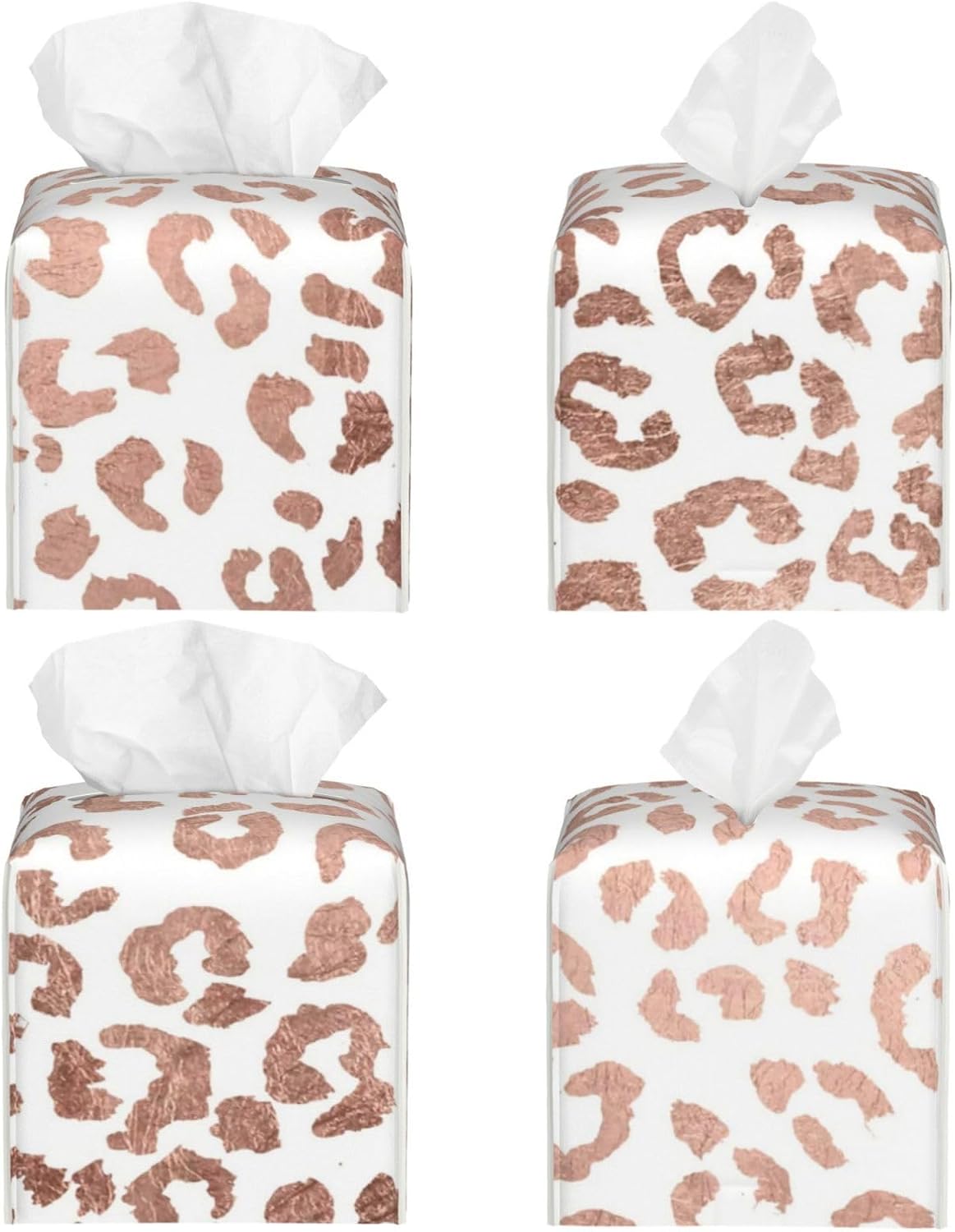Tissue Box Cover Stylish Hand Drawn Rose Gold Leopard Print Modern PU Leather Square Tissue Box Holder - Decorative Organizer for Bathroom Vanity Countertop Night Stands Office Desk & Car