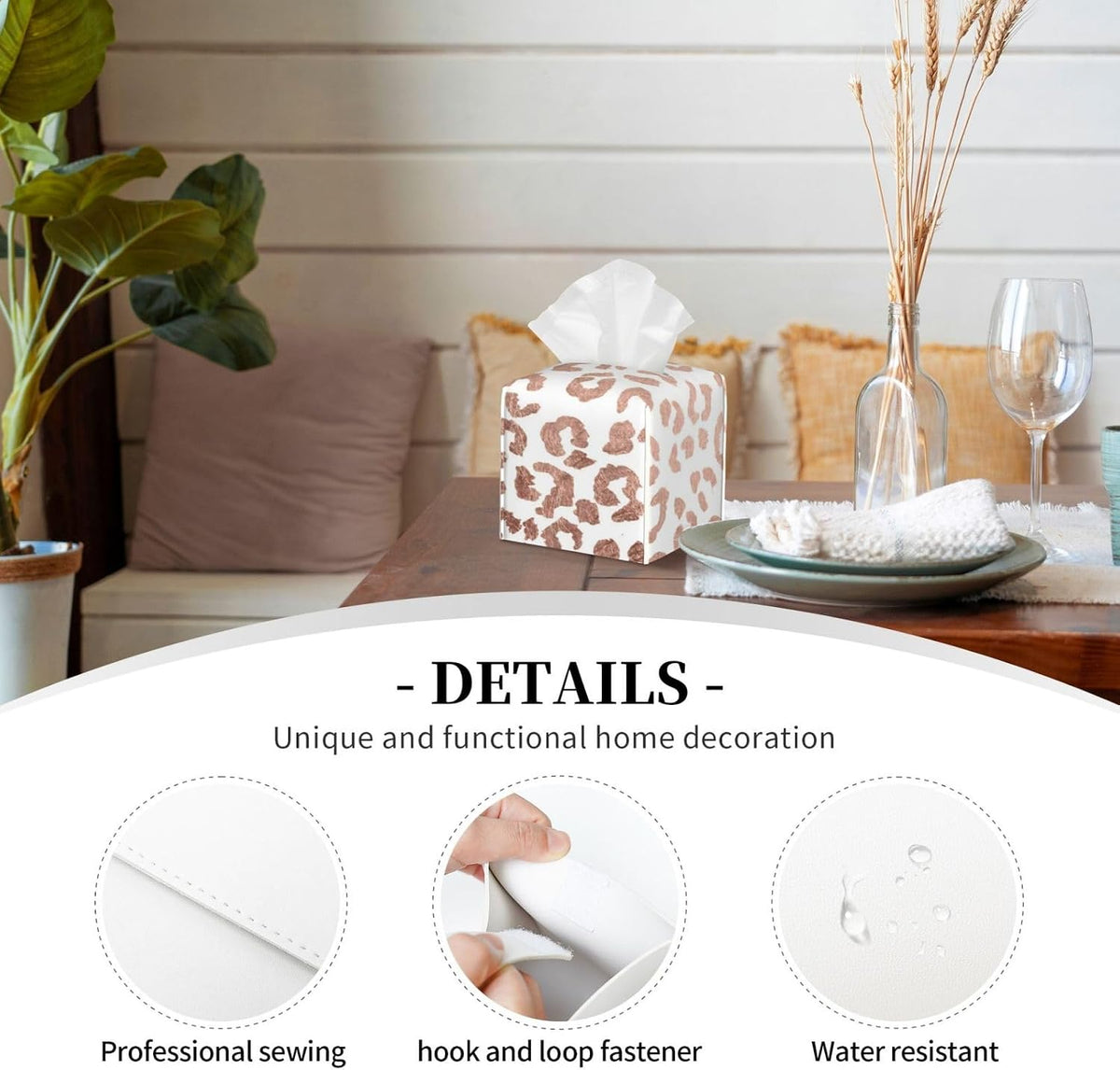 Tissue Box Cover Stylish Hand Drawn Rose Gold Leopard Print Modern PU Leather Square Tissue Box Holder - Decorative Organizer for Bathroom Vanity Countertop Night Stands Office Desk & Car