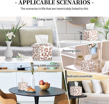 Tissue Box Cover Stylish Hand Drawn Rose Gold Leopard Print Modern PU Leather Square Tissue Box Holder - Decorative Organizer for Bathroom Vanity Countertop Night Stands Office Desk & Car