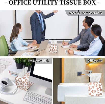 Tissue Box Cover Stylish Hand Drawn Rose Gold Leopard Print Modern PU Leather Square Tissue Box Holder - Decorative Organizer for Bathroom Vanity Countertop Night Stands Office Desk & Car