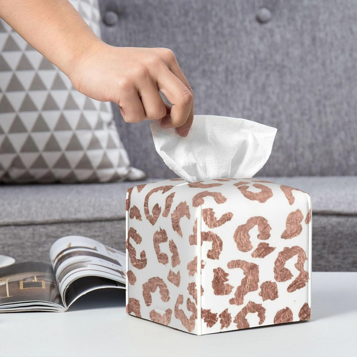 Tissue Box Cover Stylish Hand Drawn Rose Gold Leopard Print Modern PU Leather Square Tissue Box Holder - Decorative Organizer for Bathroom Vanity Countertop Night Stands Office Desk & Car