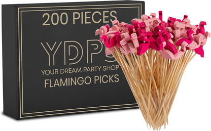 Flamingo Food Picks, Set of 200 Sticks - 4.7" Bamboo Pink Cocktail Picks for Drinks, Appetizers, Hawaiian Lua, Fruit Kabobs, and Party Decorations - Fancy Toothpicks, Skewers and Drink Stirrers