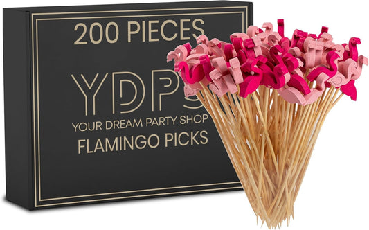 Flamingo Food Picks, Set of 200 Sticks - 4.7" Bamboo Pink Cocktail Picks for Drinks, Appetizers, Hawaiian Lua, Fruit Kabobs, and Party Decorations - Fancy Toothpicks, Skewers and Drink Stirrers