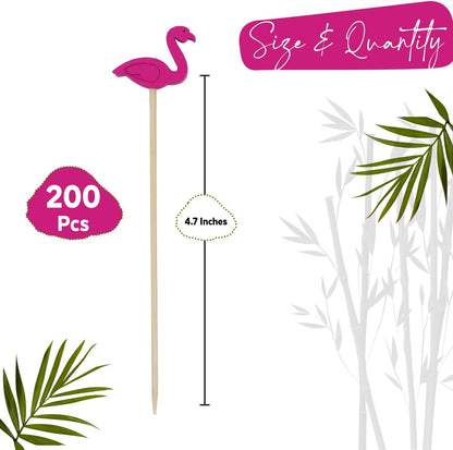 Flamingo Food Picks, Set of 200 Sticks - 4.7" Bamboo Pink Cocktail Picks for Drinks, Appetizers, Hawaiian Lua, Fruit Kabobs, and Party Decorations - Fancy Toothpicks, Skewers and Drink Stirrers