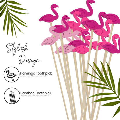 Flamingo Food Picks, Set of 200 Sticks - 4.7" Bamboo Pink Cocktail Picks for Drinks, Appetizers, Hawaiian Lua, Fruit Kabobs, and Party Decorations - Fancy Toothpicks, Skewers and Drink Stirrers