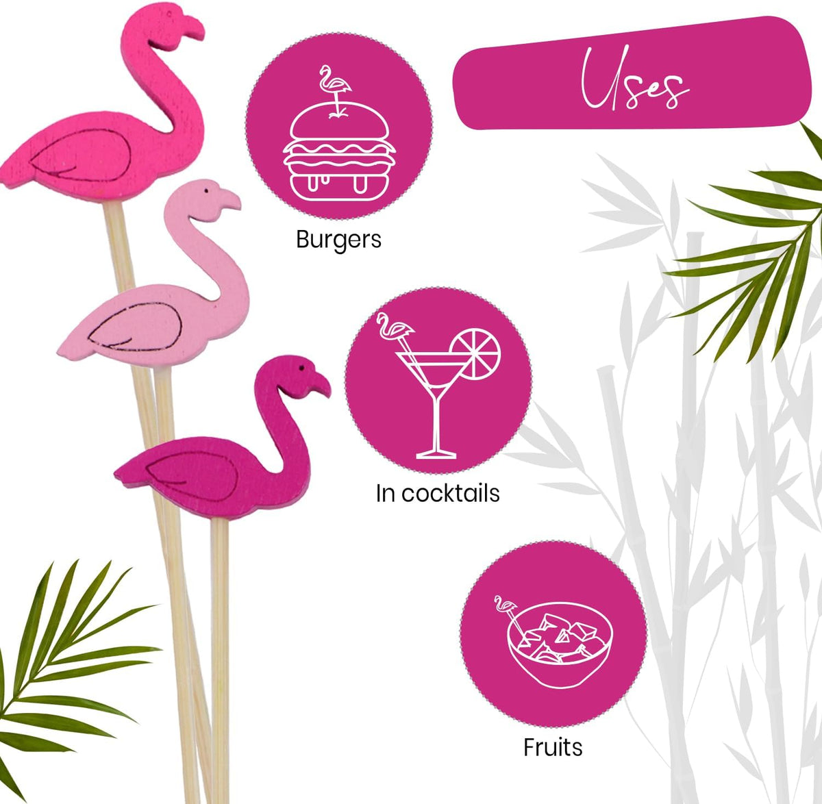 Flamingo Food Picks, Set of 200 Sticks - 4.7" Bamboo Pink Cocktail Picks for Drinks, Appetizers, Hawaiian Lua, Fruit Kabobs, and Party Decorations - Fancy Toothpicks, Skewers and Drink Stirrers