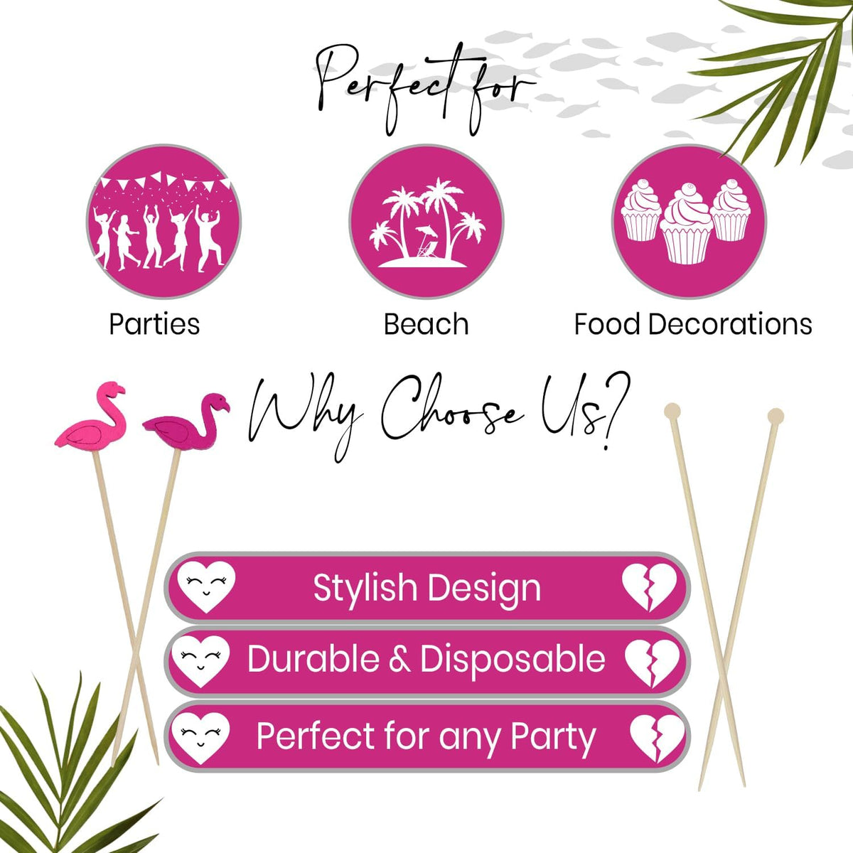Flamingo Food Picks, Set of 200 Sticks - 4.7" Bamboo Pink Cocktail Picks for Drinks, Appetizers, Hawaiian Lua, Fruit Kabobs, and Party Decorations - Fancy Toothpicks, Skewers and Drink Stirrers